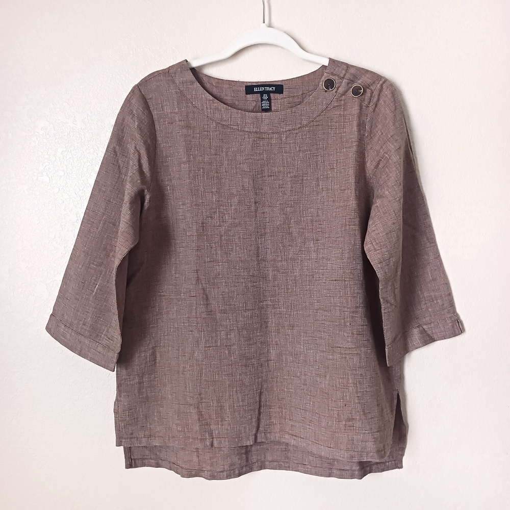 Ellen Tracy Linen Blend Boxy Relaxed Fit Shirt Top High Low Hem Medium Brown